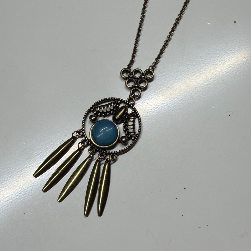 Bohemian Blue Stone Pendant Necklace - Vintage Bronze Tone